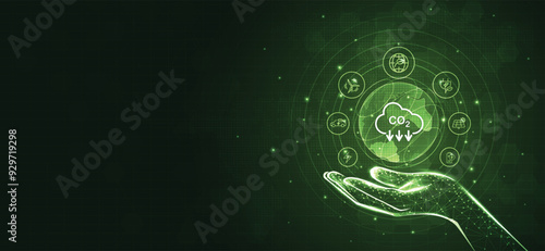 Hand holding with tree and icons of reducing CO2 emissions, ESG, net zero. energy saving concept. save our planet, world environment day, world earth day. sustainable development and green business.