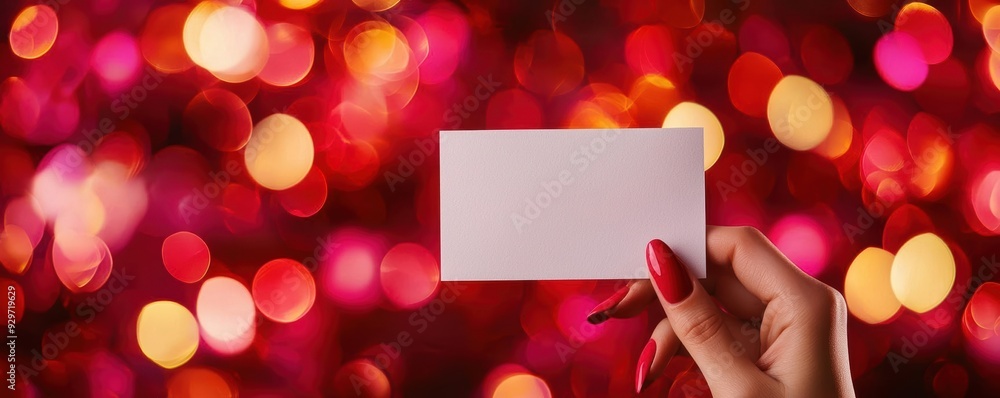 Blank card held by hand with red nail polish against bokeh lights Blank card held by hand with red nail polish against bokeh lights