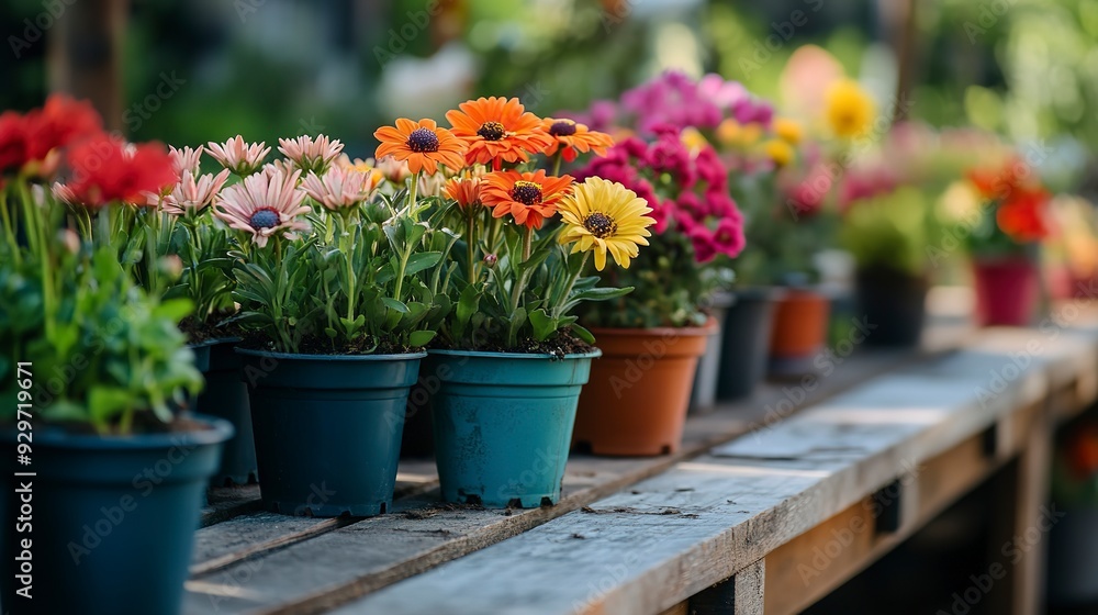 Obraz premium Colorful flowers in pots on wooden table in garden for sale in spring summer season. Selective focus.