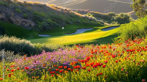 A picturesque golf green nestled among a vibrant mix of wildflowers, offering a striking contrast between manicured perfection and natural splendor  photo