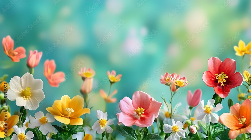 Fototapeta premium Colorful spring flowers on panoramic banner 