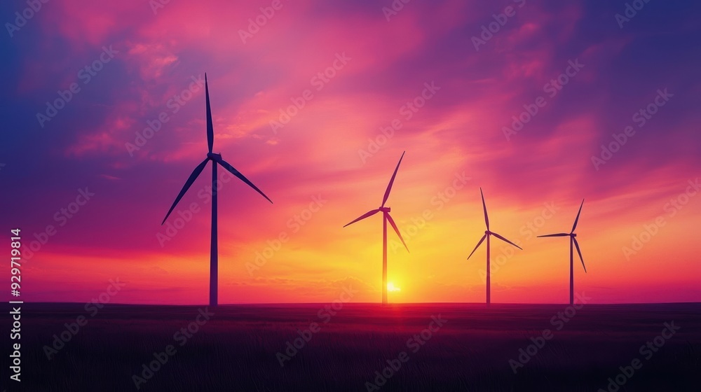 Obraz premium Silhouettes of wind turbines against a vibrant sunset sky.