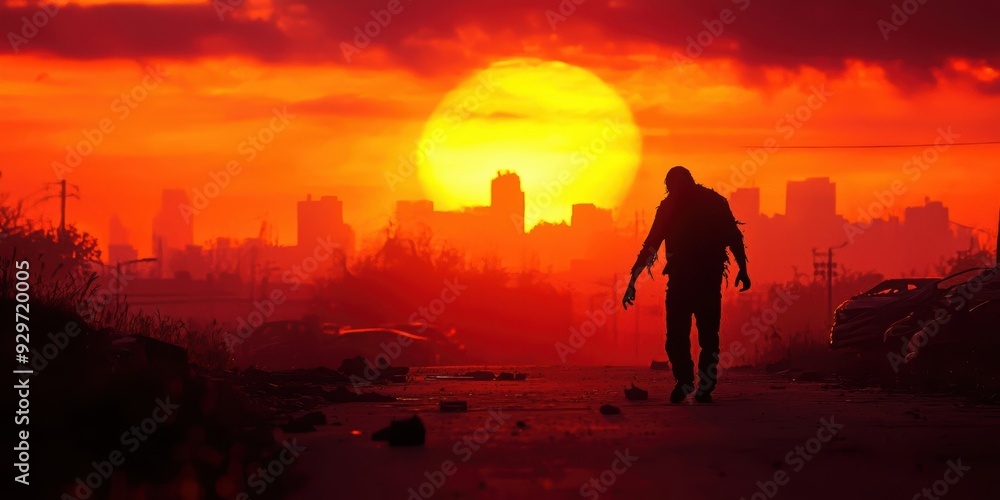 Fototapeta premium Silhouette of a man walking in a city at sunset with a huge sun in the sky.