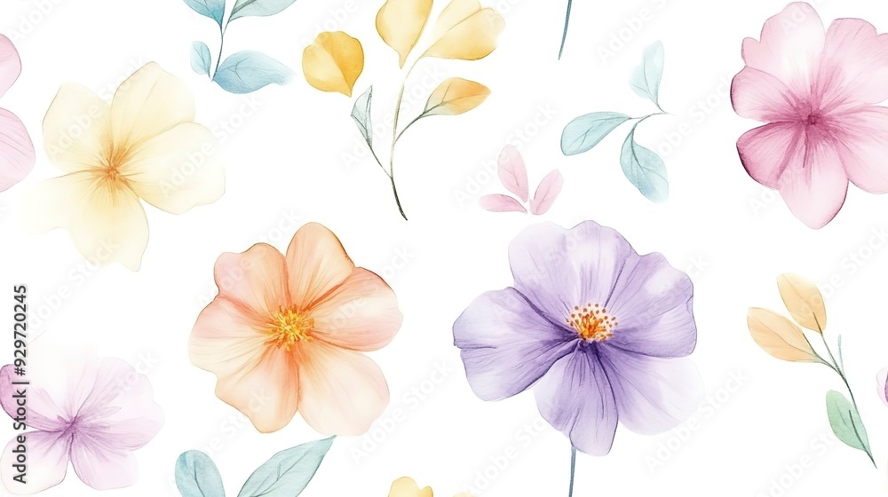 Watercolor and pastel spring flower pattern on a white background, seamless wallpaper design with pastel color suitable. Watercolor and pastel spring flower pattern on a white background, seamless wallpaper design with pastel color suitable.