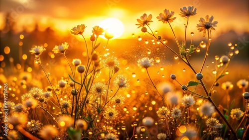 golden sunset bloomscape ethereal whimsy warm shallow depth romantic morning dew photo