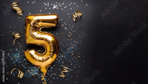 foil number 5 on a black background with confetti with space for text 