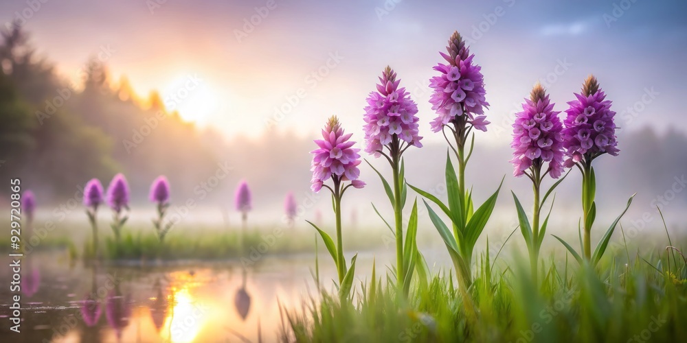 Naklejka premium dreamy surreal northern marsh orchid blooms float amidst misty foggy atmosphere with soft delicate hues and smooth creamy depth of field