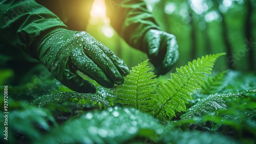 Close Up Of Green Fern Leaf With Water Droplets In Forest photo