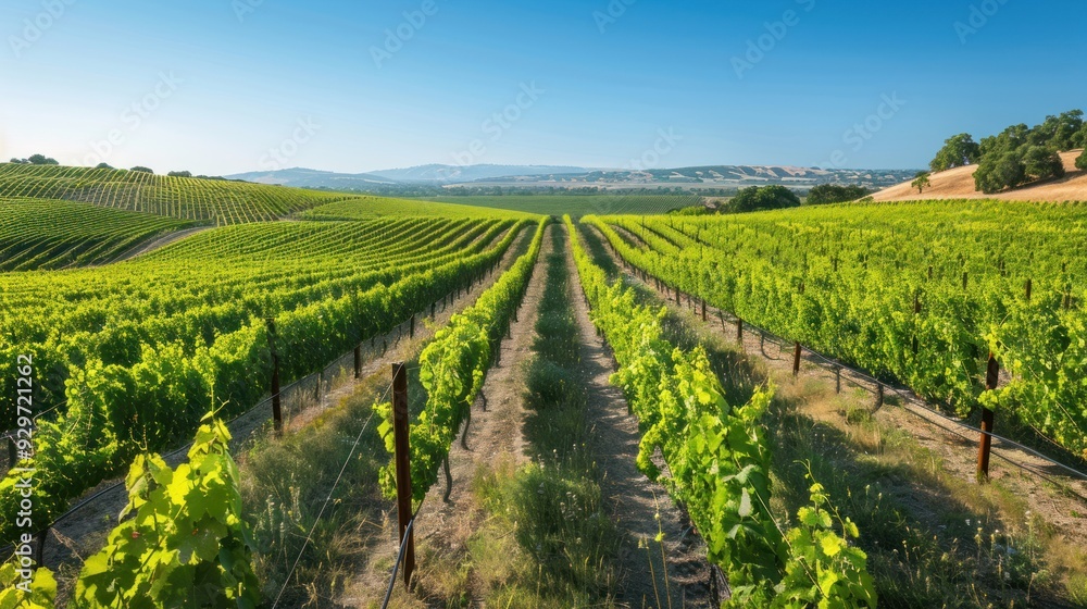 A tranquil vineyard landscape with rows of green grapevines lining the mountains as far as the eye can see waiting for the harvest season in the countryside. A tranquil vineyard landscape with rows of green grapevines lining the mountains as far as the eye can see waiting for the harvest season in the countryside.