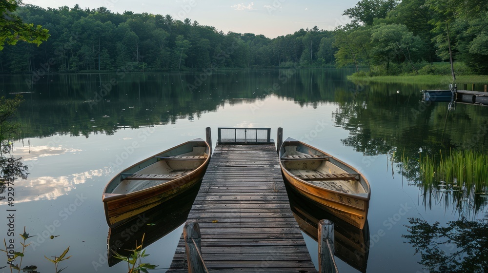 Obraz premium A rowboat is parked quietly beside a wooden pier on a lake amidst a quiet forest.