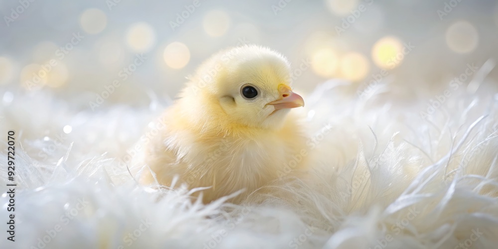 soft focus close-up of single peep chick nestled in bed of fluffy white feathers with gentle bokeh and creamy white background soft focus close-up of single peep chick nestled in bed of fluffy white feathers with gentle bokeh and creamy white background