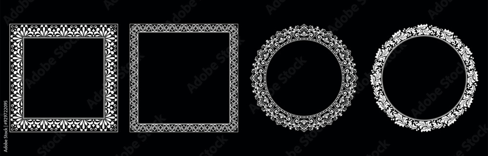 Set of decorative frames Elegant vector element for design in Eastern style, place for text. Floral black and white borders. Lace illustration for invitations and greeting cards. Set of decorative frames Elegant vector element for design in Eastern style, place for text. Floral black and white borders. Lace illustration for invitations and greeting cards.