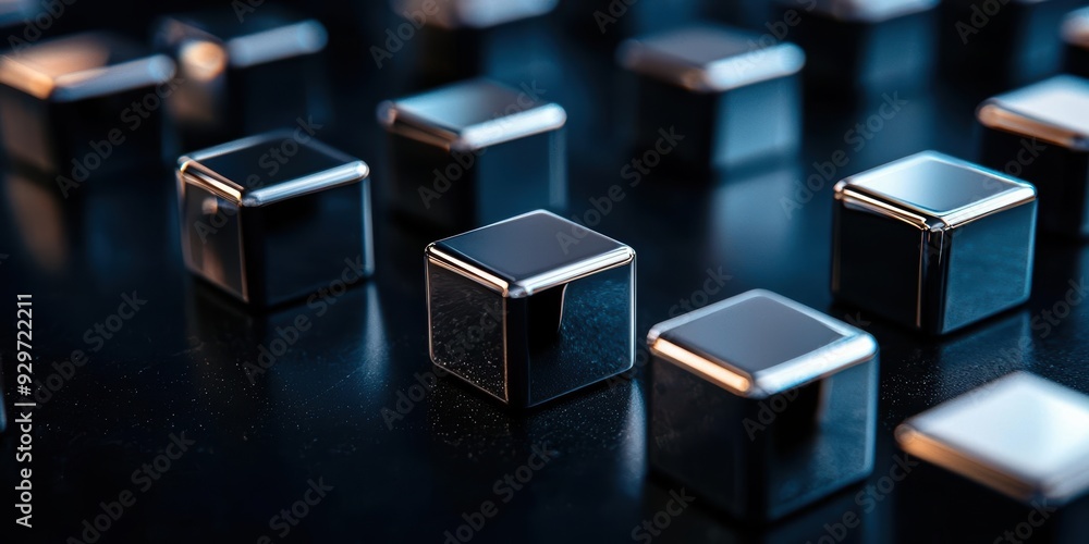 A set of polished silver cubes arranged on a sleek black surface, with sharp edges and crisp reflections modern and minimalistic A set of polished silver cubes arranged on a sleek black surface, with sharp edges and crisp reflections modern and minimalistic