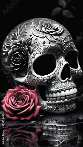 Cute a black and white photo showing a sugar skull and a red rose, romantic fantasy.