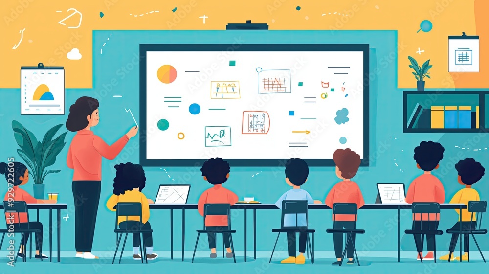 A classroom scene where a teacher engages a group of diverse students with an interactive digital whiteboard, fostering a collaborative learning environment. A classroom scene where a teacher engages a group of diverse students with an interactive digital whiteboard, fostering a collaborative learning environment.
