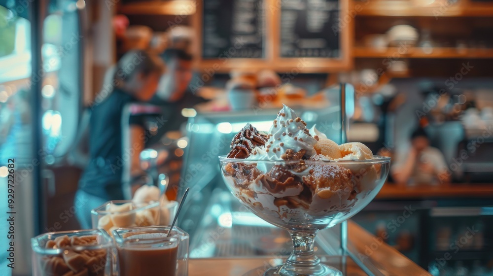 A glass of soft serve ice cream arranged in a beautiful clear glass looks delicious placed on a blurred background table. A glass of soft serve ice cream arranged in a beautiful clear glass looks delicious placed on a blurred background table.
