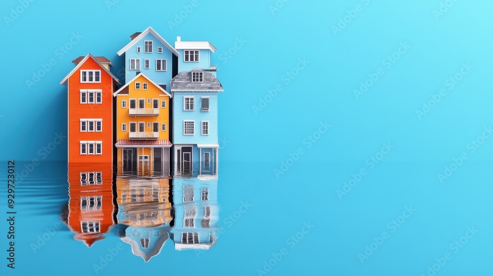 Fototapeta premium Colorful houses reflected in calm water with a vibrant blue background, showcasing tranquility and modern architecture.