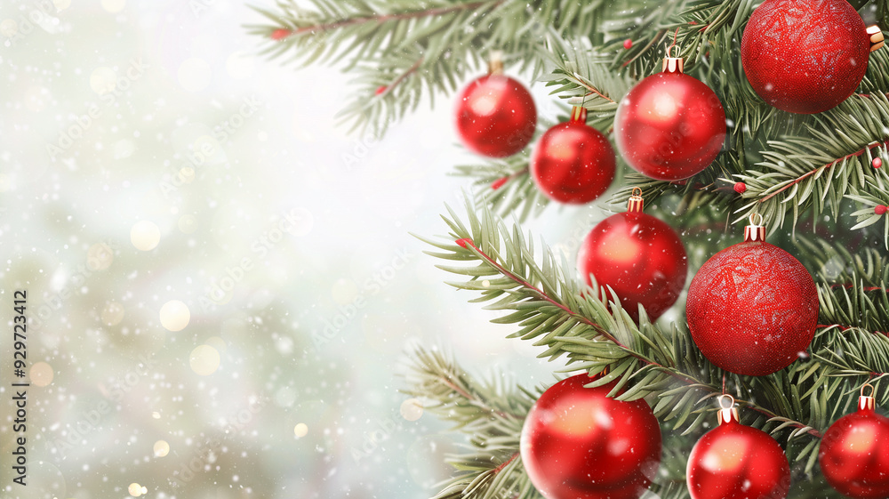 Red christmas baubles on a fir branch, bokeh fairy light, banner, background or greeting card, winter season Red christmas baubles on a fir branch, bokeh fairy light, banner, background or greeting card, winter season