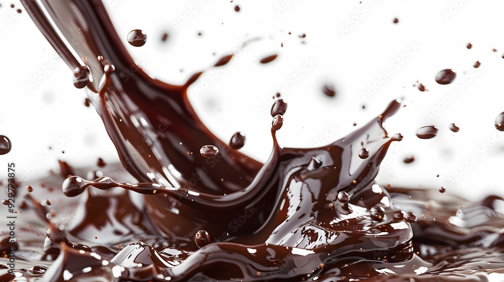 Pouring dark chocolate with dramatic drips and splashes against a white background. Pouring dark chocolate with dramatic drips and splashes against a white background.