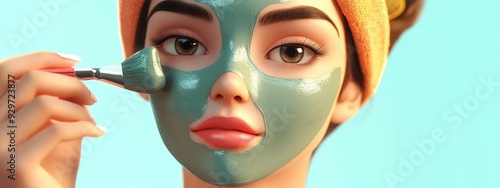 3D Cartoon Beautician Applying Clay Face Mask to Pretty Woman s Face photo