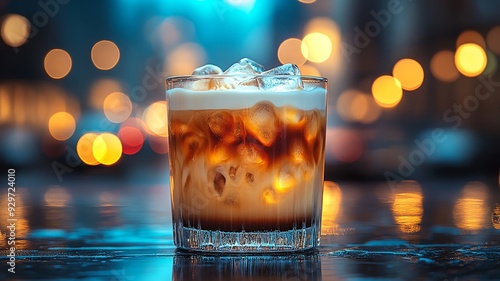 A Chilled Cocktail In A Glass With Ice Cubes And Bokeh Background photo