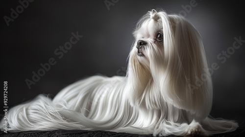 A Maltese dog with long white fur, lying on a dark background, looking stylish and well-groomed. Its fur is meticulously brushed and shiny