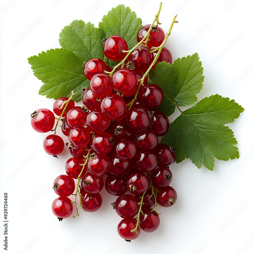 Close-up of a bunch of red currants with green leaves on a white background. Close-up of a bunch of red currants with green leaves on a white background.
