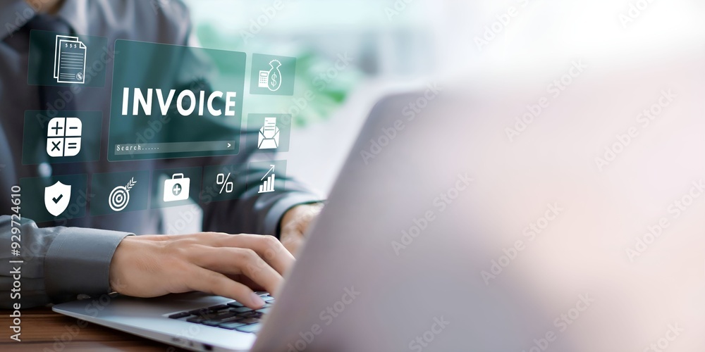 A business person using laptop with Invoice and online digital statements concept on virtual touch screen. A business person using laptop with Invoice and online digital statements concept on virtual touch screen.