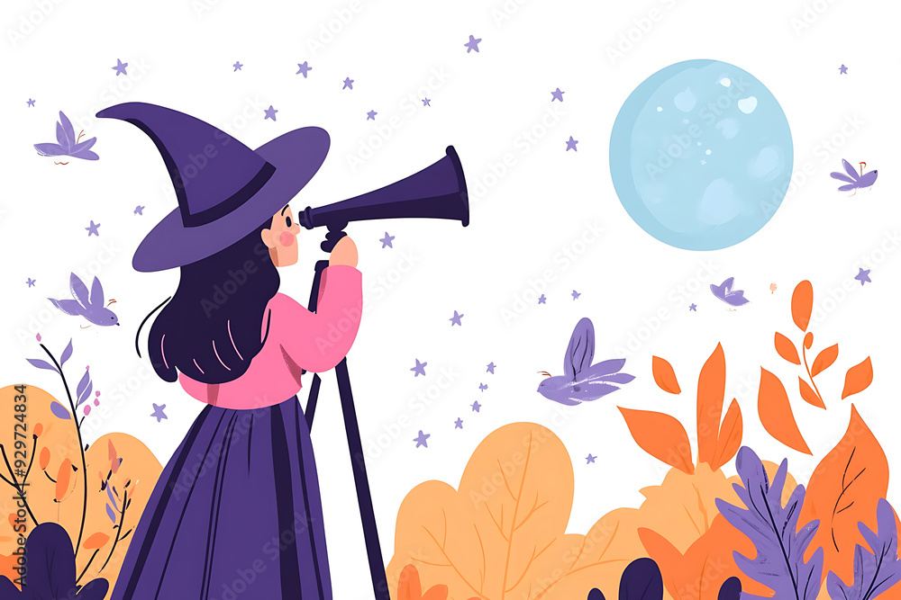 A young witch gazes through telescope at moon, surrounded by colorful autumn leaves and butterflies, evoking sense of wonder and curiosity. A young witch gazes through telescope at moon, surrounded by colorful autumn leaves and butterflies, evoking sense of wonder and curiosity.