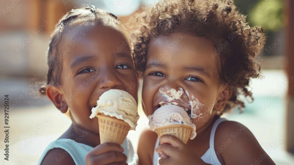 A group of cute children are eating ice cream happily and smiling on the street after lunch. A group of cute children are eating ice cream happily and smiling on the street after lunch.