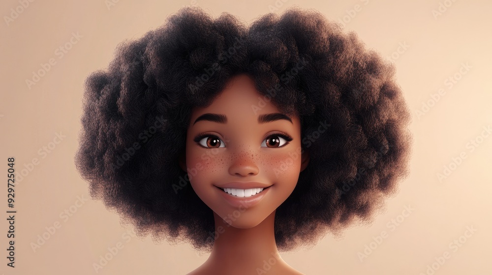 3D cartoon beauty portrait of a cheerful African girl with glowing skin on a soft beige backdrop Dreamy smiling character with curly black hair in a stylish afro 3D cartoon beauty portrait of a cheerful African girl with glowing skin on a soft beige backdrop Dreamy smiling character with curly black hair in a stylish afro