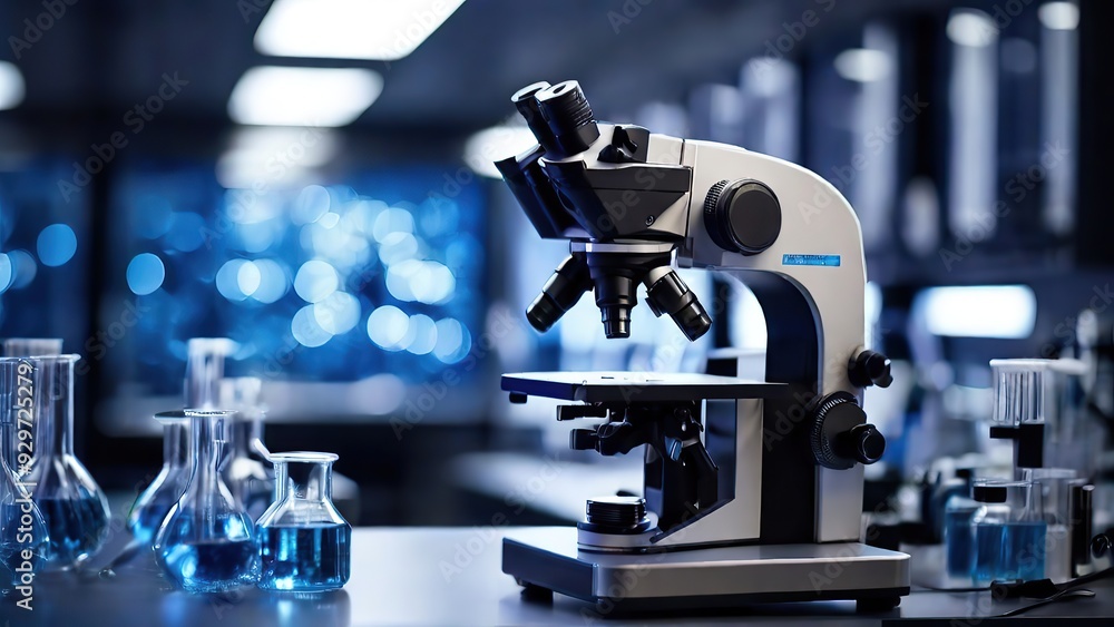 Microscope in modern science laboratory with blue liquid flasks. Science and medical research background. Microscope in modern science laboratory with blue liquid flasks. Science and medical research background.