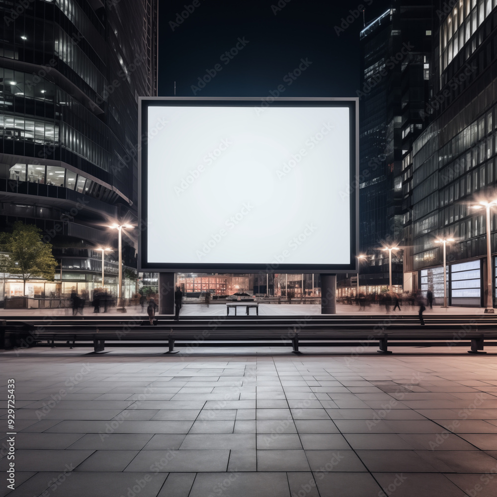 In the city center, a large blank white sign, mock-up image
