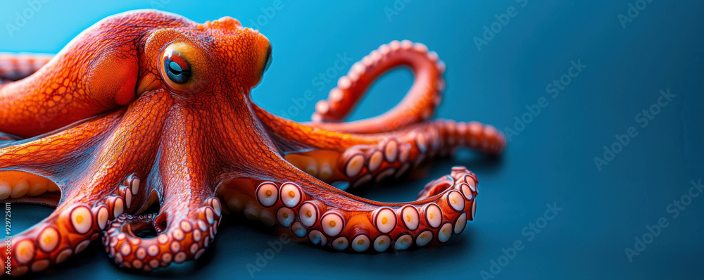 Obraz premium Vibrant orange octopus on blue background, showcasing its detailed tentacles and textures. Perfect for marine life and ocean-themed visuals.