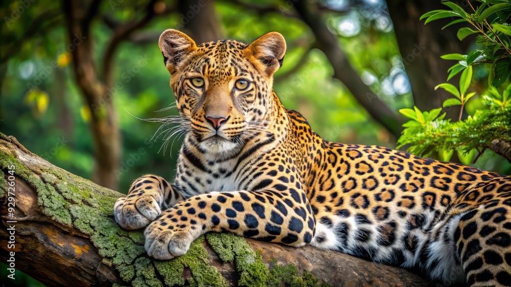 Majestic leopard with piercing green eyes and golden fur lounges in a tree, its powerful legs and tail curled up in a serene jungle setting. Majestic leopard with piercing green eyes and golden fur lounges in a tree, its powerful legs and tail curled up in a serene jungle setting.