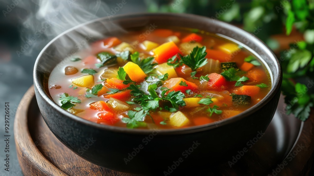 A steaming bowl of vibrant vegetable soup, garnished with fresh herbs, perfect for a healthy meal. A steaming bowl of vibrant vegetable soup, garnished with fresh herbs, perfect for a healthy meal.