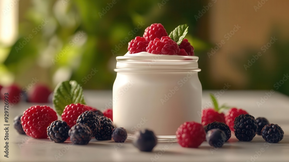 Fresh yogurt topped with delicious raspberries and blueberries, perfect for a healthy snack or breakfast. Vibrant and inviting. Fresh yogurt topped with delicious raspberries and blueberries, perfect for a healthy snack or breakfast. Vibrant and inviting.
