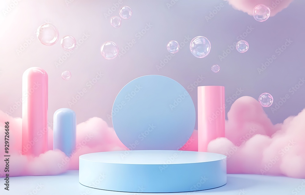 Pastel blue and pink podium with bubbles in the sky. Pastel blue and pink podium with bubbles in the sky.
