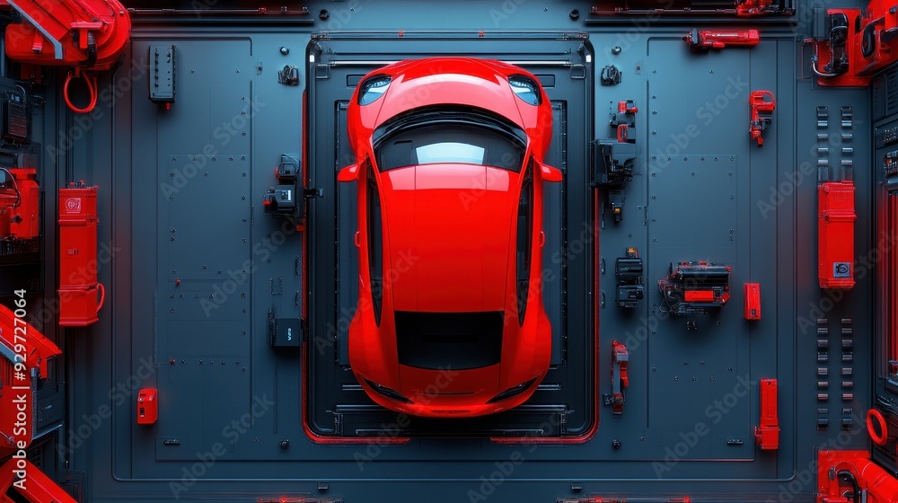 A stunning red car showcased within a futuristic blue environment, highlighting modern design and vibrant colors. A stunning red car showcased within a futuristic blue environment, highlighting modern design and vibrant colors.