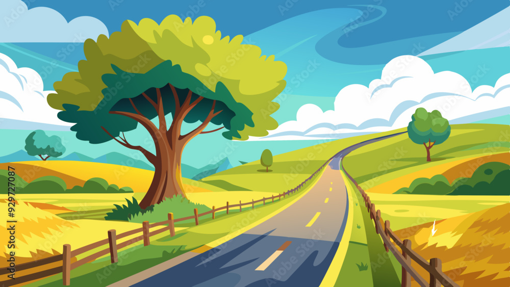 Obraz premium A painting of a country road with a tree landscape vector illustration 