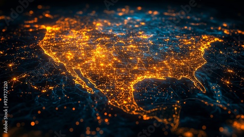 Aerial view of illuminated network of lights across North America