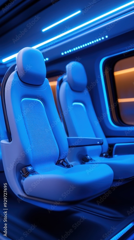Fototapeta premium Futuristic blue seats in a modern vehicle interior, highlighting comfort and technology with ambient lighting.