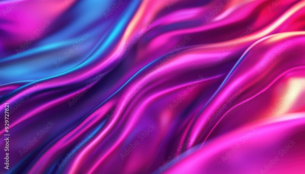 Obraz premium Abstract iridescent fabric with flowing waves in pink, blue, and purple hues.