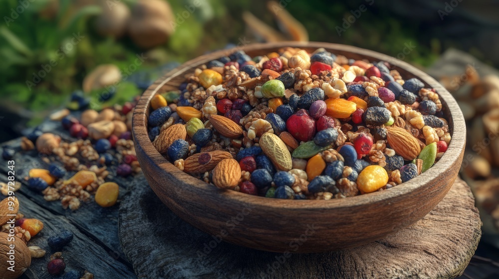 A rustic wooden bowl brimming with assorted nuts, seeds, and vibrant berries. Perfect for healthy snacking amidst a natural setting. A rustic wooden bowl brimming with assorted nuts, seeds, and vibrant berries. Perfect for healthy snacking amidst a natural setting.