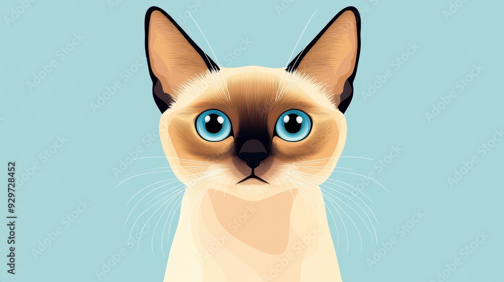 Obraz premium A charming portrait of a Siamese cat with striking blue eyes on a soft blue backdrop. Perfect for pet lovers