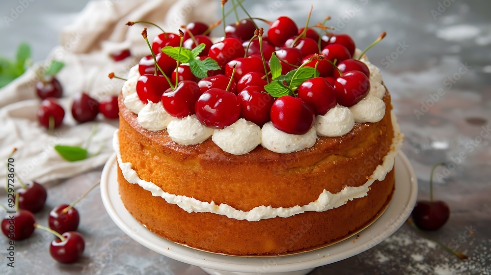 A sponge with cherries on topping A sponge with cherries on topping