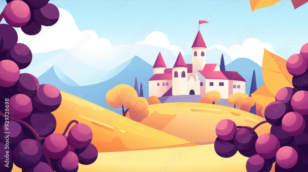 Lush red grapes in a serene vineyard, framed by a majestic old castlenature and history blend beautifully in this vibrant scene. Lush red grapes in a serene vineyard, framed by a majestic old castlenature and history blend beautifully in this vibrant scene.