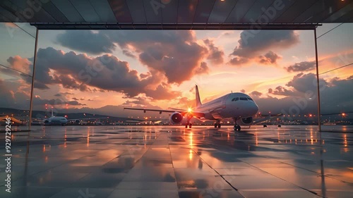 Airplane parked at airport gate during a stunning sunset, reflecting on the wet tarmac. Perfect for travel and aviation themes. photo