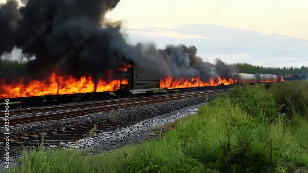 Burning cargo train. Leakage of petroleum products. Fire and pollution of the ecosystem. The scorched earth bears witness to the environmental impact of the petroleum leak and fire. Burning cargo train. Leakage of petroleum products. Fire and pollution of the ecosystem. The scorched earth bears witness to the environmental impact of the petroleum leak and fire.