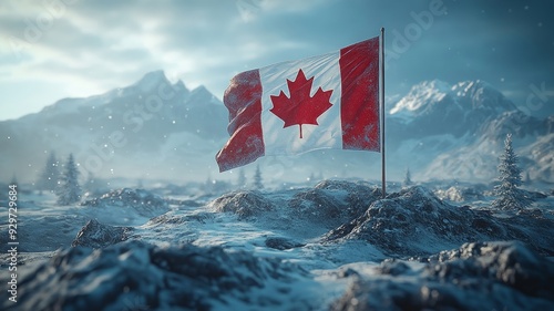 Canadian flag waving against snowy mountain backdrop